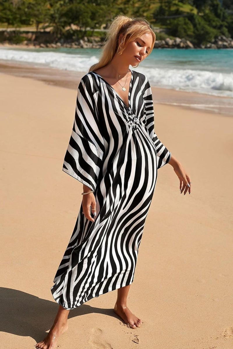 IMAGEKOPE Women's Plus Size Animal Print V-Neck Batwing Kaftan Beach Dress Bathing Suit Cover-Up Loungewear - Image 3